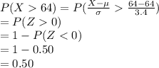 P(X64)=P(\frac{X-\mu}{\sigma}\frac{64-64}{3.4})\\=P(Z0)\\=1-P(Z
