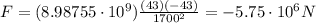 F=(8.98755\cdot 10^9)\frac{(43)(-43)}{1700^2}=-5.75\cdot 10^6 N