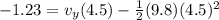 -1.23 = v_y(4.5)-\frac{1}{2} (9.8)(4.5)^2