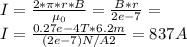 I = \frac{2*\pi*r*B}{\mu_{0}} = \frac{B*r}{2e-7} =\\ I = \frac{0.27e-4T*6.2m}{(2e-7)N/A2} = 837 A