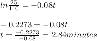 ln \frac{25}{110}  = -0.08t\\\\-0.2273=-0.08t\\t=\frac{-0.2273}{-0.08}=2.84 minutes