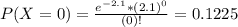 P(X = 0) = \frac{e^{-2.1}*(2.1)^{0}}{(0)!} = 0.1225