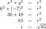 \begin{array}{rcl}x^{2} + y^{2} & = &r^{2}\\6^{2} + (-7)^{2} & = & r^{2}\\36 + 49 & = & r^{2}\\85 & = & r^{2}\\r & = &\sqrt{85}\\\end{array}