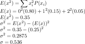 E(x^2) = \displaystyle\sum x_i^2P(x_i)\\E(x) = 0^2(0.80)+ 1^2(0.15) + 2^2(0.05)\\E(x^2) = 0.35\\\sigma^2 = E(x^2)-(E(x))^2\\\sigma^2 =0.35-(0.25)^2\\\sigma^2 = 0.2875\\\sigma = 0.536