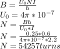 B=\frac{U_{0}NI}{h}\\U_{0}=4\pi *10^{-7}\\N=\frac{Bh}{U_{0}*I} \\N=\frac{0.25*0.6}{4\pi *10^{-7}*2.2}\\ N=54257 turns\\