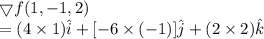 \bigtriangledown f(1,-1,2)\\= (4\times 1)\hat{i} +[-6\times (-1)]\hat{j}+(2\times 2)\hat{k}
