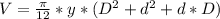 V = \frac{\pi }{12}*y*(D^2 + d^2 + d*D})