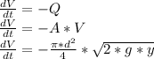 \frac{dV}{dt} = - Q\\\frac{dV}{dt} = - A*V\\\frac{dV}{dt} = - \frac{\pi*d^2 }{4} *\sqrt{2*g*y}