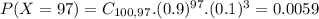 P(X = 97) = C_{100,97}.(0.9)^{97}.(0.1)^{3} = 0.0059