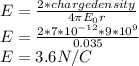 E=\frac{2*charge density}{4\pi E_{0}r}\\E=\frac{2*7*10^{-12} *9*10^{9}}{0.035}\\E=3.6N/C