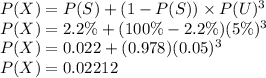 P(X) = P(S) + (1 - P(S)) \times P(U)^3\\P(X) = 2.2\% + (100\% - 2.2\%)(5\%)^3\\P(X) = 0.022 + (0.978)(0.05)^3\\P(X) = 0.02212\\