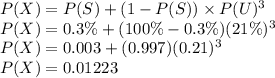 P(X) = P(S) + (1 - P(S)) \times P(U)^3\\P(X) = 0.3\% + (100\% - 0.3\%)(21\%)^3\\P(X) = 0.003 + (0.997)(0.21)^3\\P(X) = 0.01223\\