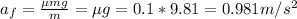 a_f = \frac{\mu mg}{m} = \mu g = 0.1*9.81 = 0.981 m/s^2