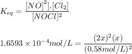 K_{eq}=\dfrac{{[NO]}^2].[Cl_2]}{[NOCl]^2}\\ \\ \\ 1.6593\times 10^{-4}mol/L=\dfrac{(2x)^2(x)}{(0.58mol/L)^2}