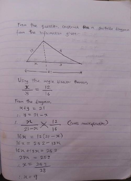 The sides of a triangle have lengths of 12, 16, and 21. An angle bisector meets the side of length 2