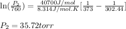\ln(\frac{P_2}{760})=\frac{40700J/mol}{8.314J/mol.K}[\frac{1}{373}-\frac{1}{302.44}]\\\\P_2=35.72torr