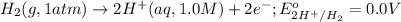 H_2(g,1atm)\rightarrow 2H^{+}(aq,1.0M)+2e^-;E^o_{2H^{+}/H_2}=0.0V