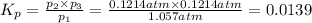 K_p=\frac{p_2\times p_3}{p_1}=\frac{0.1214 atm\times 0.1214 atm}{1.057 atm}=0.0139