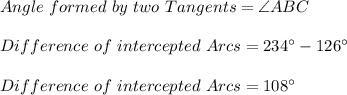 Angle\ formed\ by\ two\ Tangents=\angle ABC\\\\Difference\ of\ intercepted\ Arcs=234\°-126\°\\\\Difference\ of\ intercepted\ Arcs=108\°