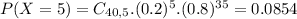 P(X = 5) = C_{40,5}.(0.2)^{5}.(0.8)^{35} = 0.0854