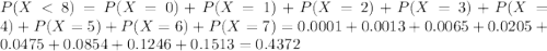 P(X < 8) = P(X = 0) + P(X = 1) + P(X = 2) + P(X = 3) + P(X = 4) + P(X = 5) + P(X = 6) + P(X = 7) = 0.0001 + 0.0013 + 0.0065 + 0.0205 + 0.0475 + 0.0854 + 0.1246 + 0.1513 = 0.4372