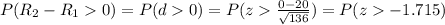 P(R_2 -R_1 0) = P(d0) = P(z\frac{0-20}{\sqrt{136}}) = P(z-1.715)