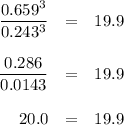 \begin{array}{rcl}\dfrac{0.659^{3}}{0.243^{3}}& =& 19.9\\\\\dfrac{0.286}{0.0143} & = & 19.9\\\\20.0 & = & 19.9\\\end{array}