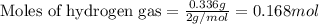\text{Moles of hydrogen gas}=\frac{0.336g}{2g/mol}=0.168mol