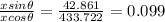 \frac{ xsin\theta}{xcos\theta} =\frac{42.861}{433.722} = 0.099