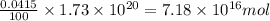 \frac{0.0415}{100}\times 1.73\times 10^{20}=7.18\times 10^{16}mol