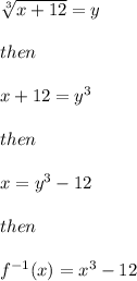 \sqrt[3]{x+12} =y\\\\then\\\\x+12=y^{3} \\\\then\\\\x=y^{3} -12\\\\then\\\\f^{-1}(x) =x^{3}  -12