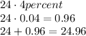 24 \cdot 4percent\\24 \cdot 0.04= 0.96\\24+0.96=24.96