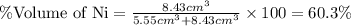 \% \text{Volume of Ni}=\frac{8.43cm^3}{5.55cm^3+8.43cm^3}\times 100=60.3\%
