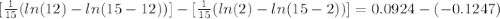 [\frac{1}{15}(ln(12) - ln(15-12))] - [\frac{1}{15}(ln(2) - ln(15-2))] = 0.0924 - (-0.1247)