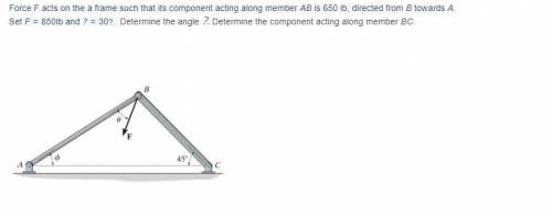 Force F acts on the frame such that its component acting along member AB is 650 lb, directed from B