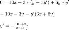 0 = 10x + 3*( y + xy' )  + 6y*y'\\\\-10x - 3y = y' ( 3x + 6y)\\\\ y' = - \frac{10x + 3y}{3x + 6y}