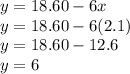 y=18.60-6x\\y=18.60-6(2.1)\\y=18.60-12.6\\y=6