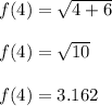 f(4) = \sqrt{4+6}\\\\f(4) = \sqrt{10}\\\\f(4) = 3.162