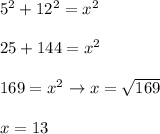 5^2+12^2=x^2\\\\25+144=x^2\\\\169=x^2\to x=\sqrt{169}\\\\x=13