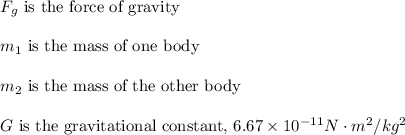 F_g\text{ is the force of gravity}\\\\m_1\text{ is the mass of one body}\\\\m_2\text{ is the mass of the other body}\\\\G{\text{ is the gravitational constant, }6.67\times 10^{-11}N\cdot m^2/kg^2
