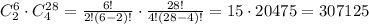 C_2^6\cdot C_4^{28}=\frac{6!}{2!(6-2)!}\cdot \frac{28!}{4!(28-4)!}=15\cdot 20475=307125\\