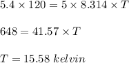 5.4 \times 120 = 5 \times 8.314 \times T\\\\648 = 41.57 \times T\\\\T = 15.58\ kelvin