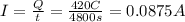 I =\frac{Q}{t}= \frac{420 C}{4800 s}= 0.0875 A