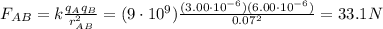F_{AB}=k\frac{q_A q_B}{r_{AB}^2}=(9\cdot 10^9)\frac{(3.00\cdot 10^{-6})(6.00\cdot 10^{-6})}{0.07^2}=33.1 N