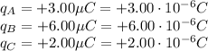 q_A=+3.00\mu C = +3.00\cdot 10^{-6}C\\q_B=+6.00\mu C=+6.00\cdot 10^{-6}C\\q_C=+2.00 \mu C=+2.00\cdot 10^{-6}C