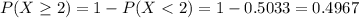 P(X \geq 2) = 1 - P(X < 2) = 1 - 0.5033 = 0.4967