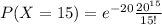 P(X=15)=e^{-20} \frac{20^{15}}{15!}