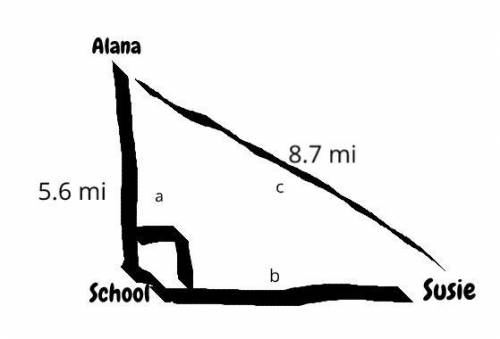 Susie school is due west of her house into south of her friend Alana‘s house. The distance between t