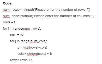 Python Given num_rows and num_cols, print a list of all seats in a theater. Rows are numbered, colum