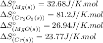 \Delta S^o_{(Mg(s))}=32.68J/K.mol\\\Delta S^o_{(Cr_2O_3(s))}=81.2J/K.mol\\\Delta S^o_{(MgO(s))}=26.94J/K.mol\\\Delta S^o_{(Cr(s))}=23.77J/K.mol